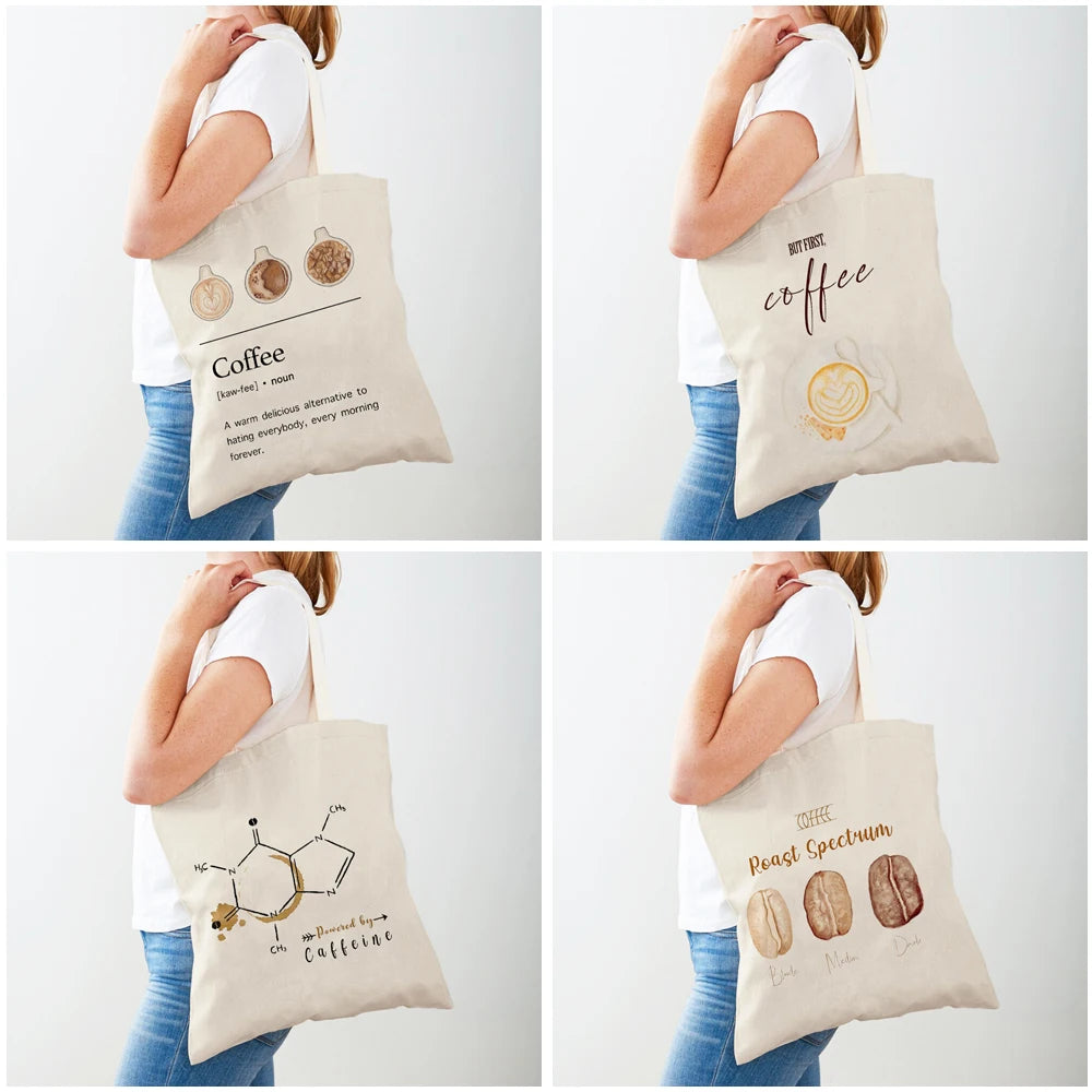 Elegant Coffee Caffeine Cocoa Cup Women Shopping Bags Eco Casual Canvas Tote Lady Handbag Reusable Double Print Shopper Bag