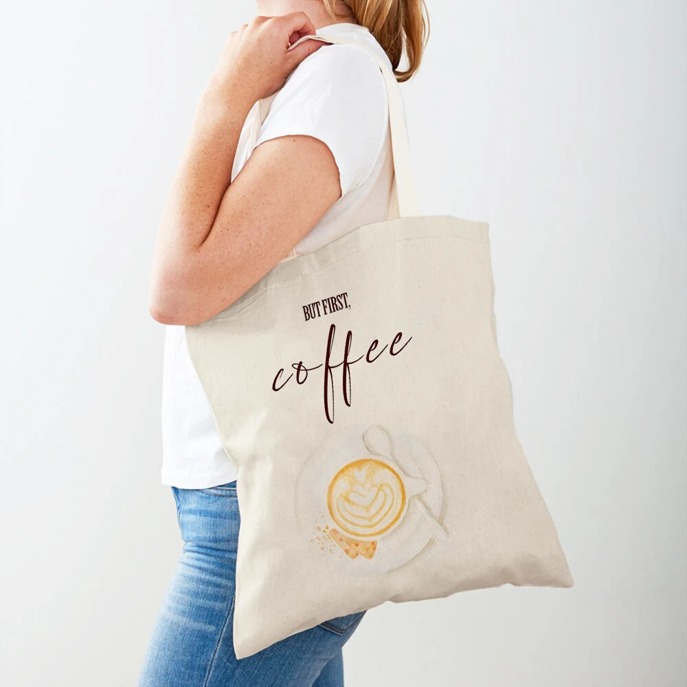 Elegant Coffee Caffeine Cocoa Cup Women Shopping Bags Eco Casual Canvas Tote Lady Handbag Reusable Double Print Shopper Bag