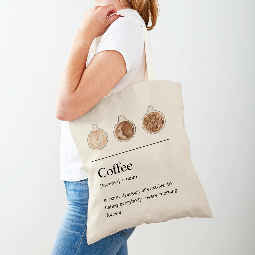Elegant Coffee Caffeine Cocoa Cup Women Shopping Bags Eco Casual Canvas Tote Lady Handbag Reusable Double Print Shopper Bag