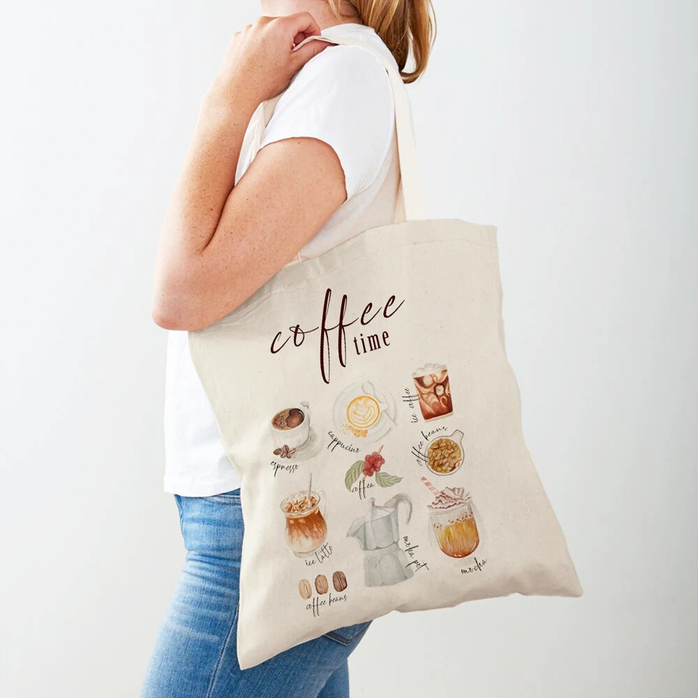 Elegant Coffee Caffeine Cocoa Cup Women Shopping Bags Eco Casual Canvas Tote Lady Handbag Reusable Double Print Shopper Bag