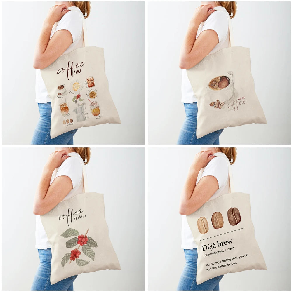 Elegant Coffee Caffeine Cocoa Cup Women Shopping Bags Eco Casual Canvas Tote Lady Handbag Reusable Double Print Shopper Bag