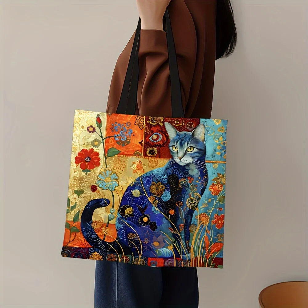 Abstract Cat Tote Bag Cute Quirky Small Animal Shoulder Bag Printed Linen Eco Handbag Shopping Office Reusable Casual Bags