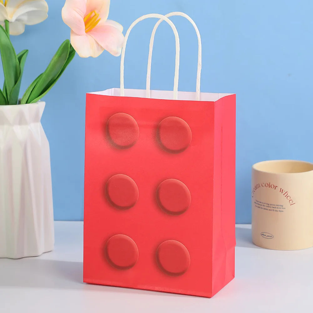 Eco-Friendly Building Block-Themed Gift Recyclable Paper Tote Bags for Kids' Party Gifts Favors Children's Day Supplies