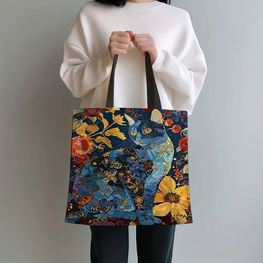 Abstract Cat Tote Bag Cute Quirky Small Animal Shoulder Bag Printed Linen Eco Handbag Shopping Office Reusable Casual Bags