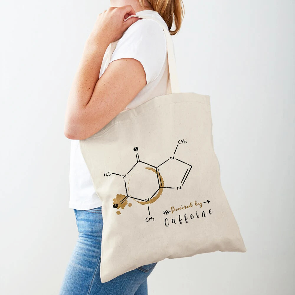 Elegant Coffee Caffeine Cocoa Cup Women Shopping Bags Eco Casual Canvas Tote Lady Handbag Reusable Double Print Shopper Bag