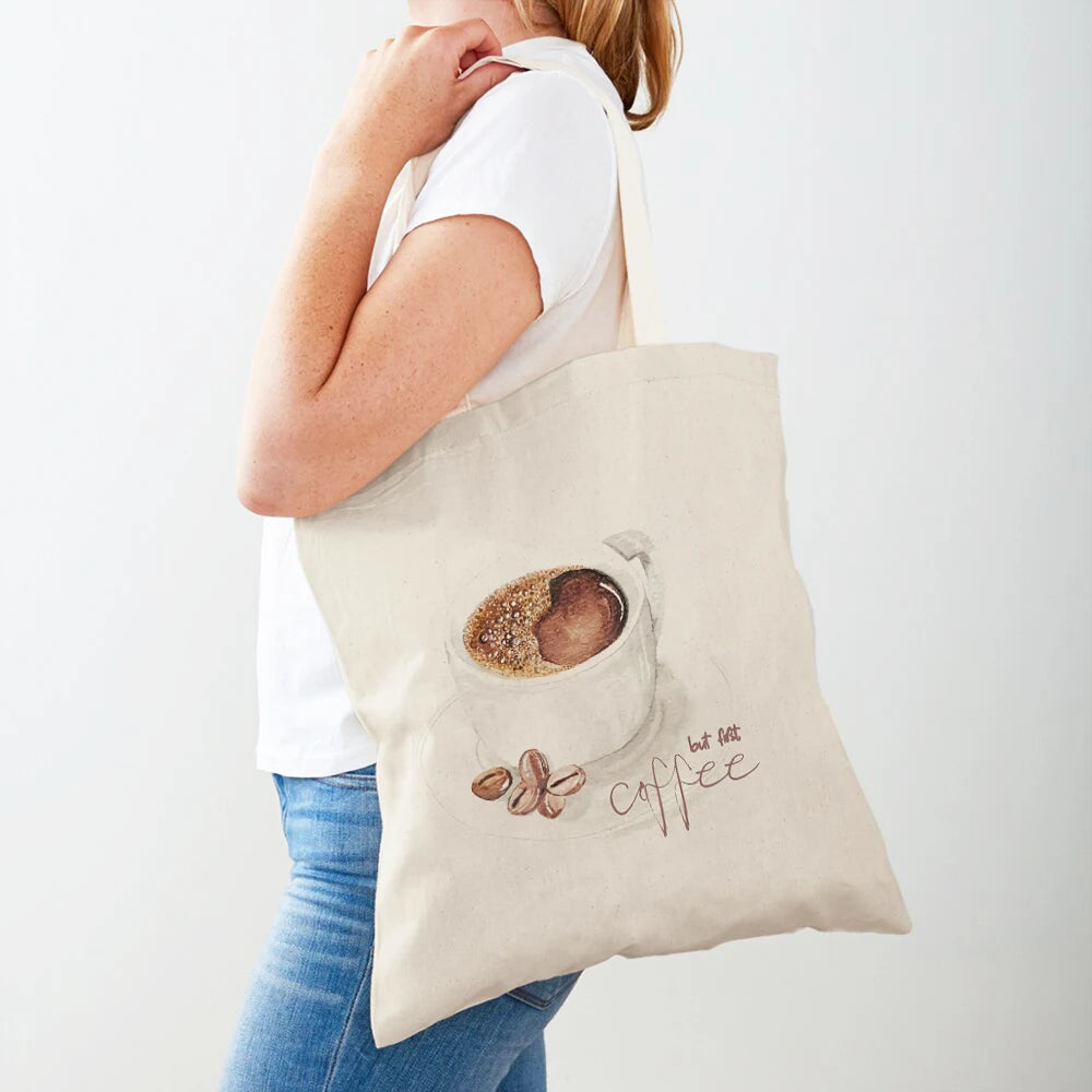 Elegant Coffee Caffeine Cocoa Cup Women Shopping Bags Eco Casual Canvas Tote Lady Handbag Reusable Double Print Shopper Bag